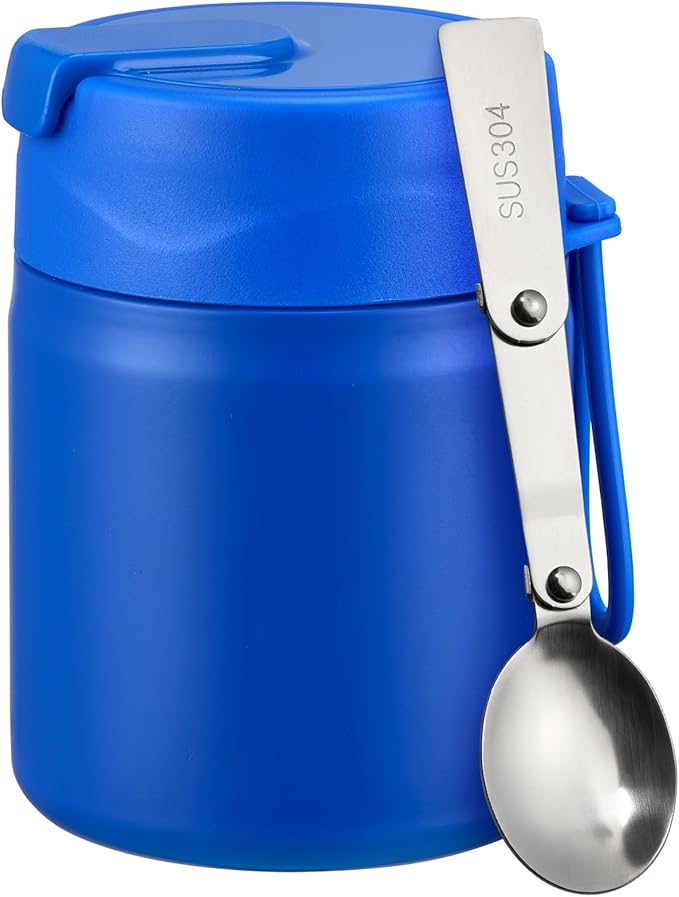 17oz Soup Thermo for Hot Food Kids Insulated Vacuum Food Jar with Stainless Steel Spoon Wide Mouth Thermo Leakproof Lunch Food Container Kids Hot Lunch Box (Blue)