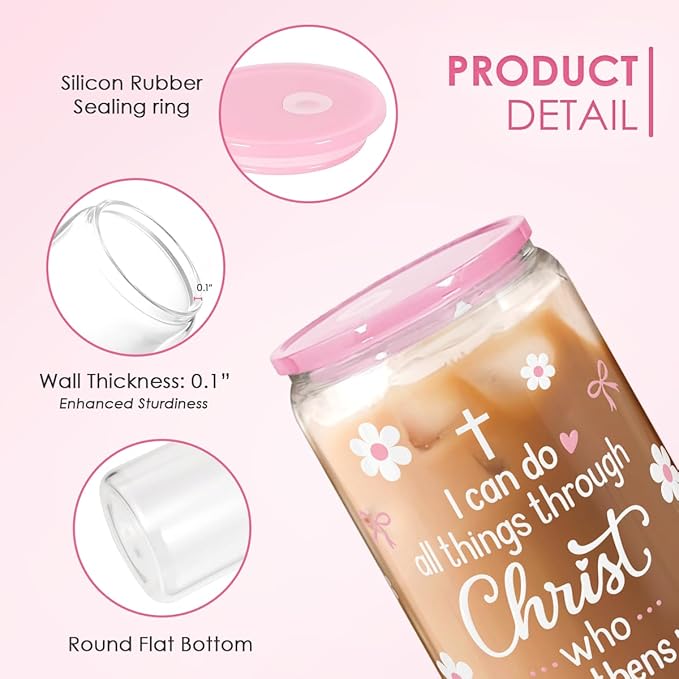 SANDJEST Christian Glass Can Tumbler 16oz, Inspirational Glass Cup with Lid & Straw, Iced Coffee Aesthetic Cups for Women Girls, Gifts Idea for Christmas Birthday