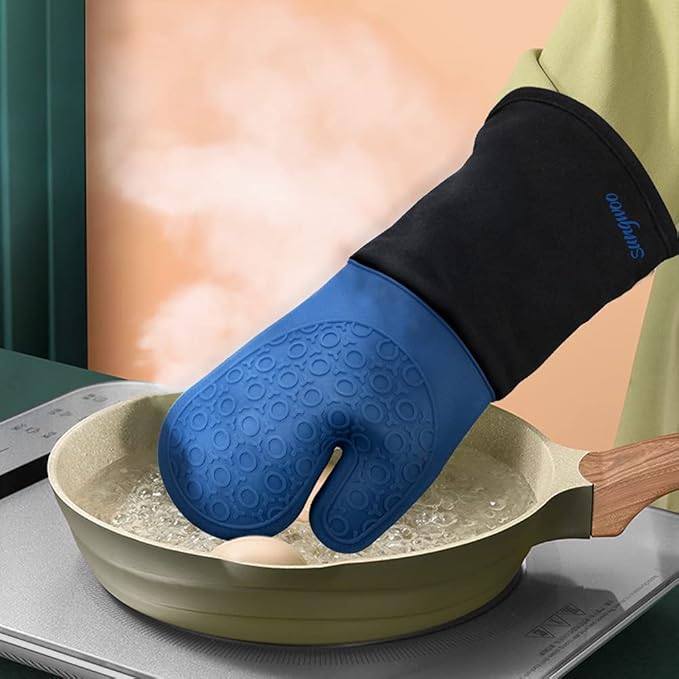 sungwoo Extra Long Silicone Oven Mitts, Heat Resistant Oven Gloves with Quilted Liner Non-Slip Textured Grip Perfect for BBQ, Baking, Cooking and Grilling - 1 Pair 14.6 Inch Royal Blue & Black
