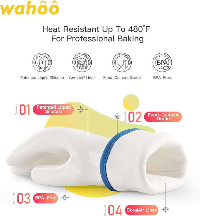 wahoo Professional Liquid Silicone Oven Mitts Gloves, Heat Resistant Gloves for Cooking, Baking, CoralAir Liner, 12 Inch, White, X-Large