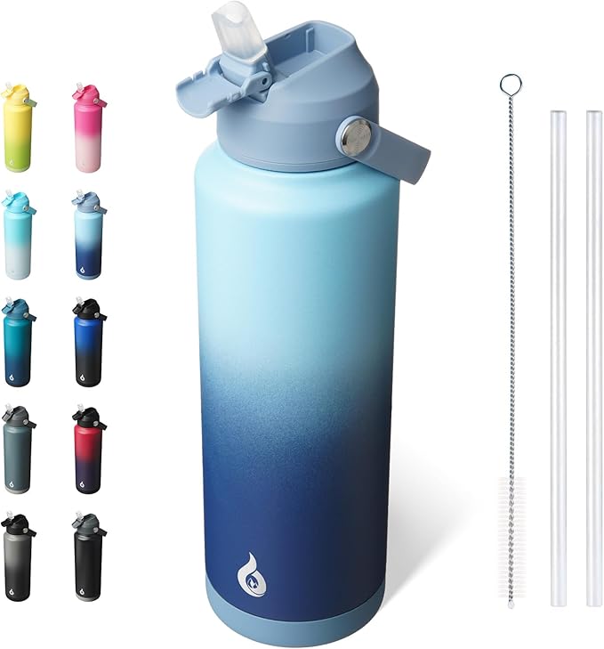 BJPKPK Insulated Water Bottle with Straw Lid, 40oz Large Thermos, BPA Free Leak Proof Stainless Steel Metal Water Bottles, Tumblers, Cups, Flasks for Travel, Sports,Sky