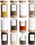12 Pcs Glass Spice Jars With Bamboo Airtight Lids, 8oz Thicken(2.4mm) Spice Containers With 148 Minimalist Preprinted Waterproof Spice Labels, Kitchen Empty Small Storage Jars For Seasoning, Herb