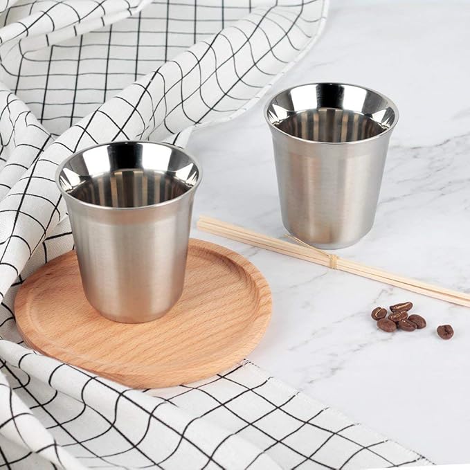 RECAPS 80ml Stainless Steel Espresso Cups Set - 2 Pack Double Wall 304 Stainless Steel Demitasse Cups 2.7oz (Small Cup)