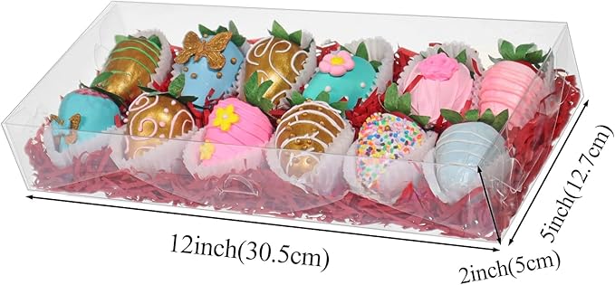 24PCS 12x5x2 Inches Clear Treat Boxes for Chocolate Covered Strawberries, Cocoa Bombs, Donuts, Muffins, Pastries, Bakery, Cookie, Macaron, Gift Boxes for Party Favors