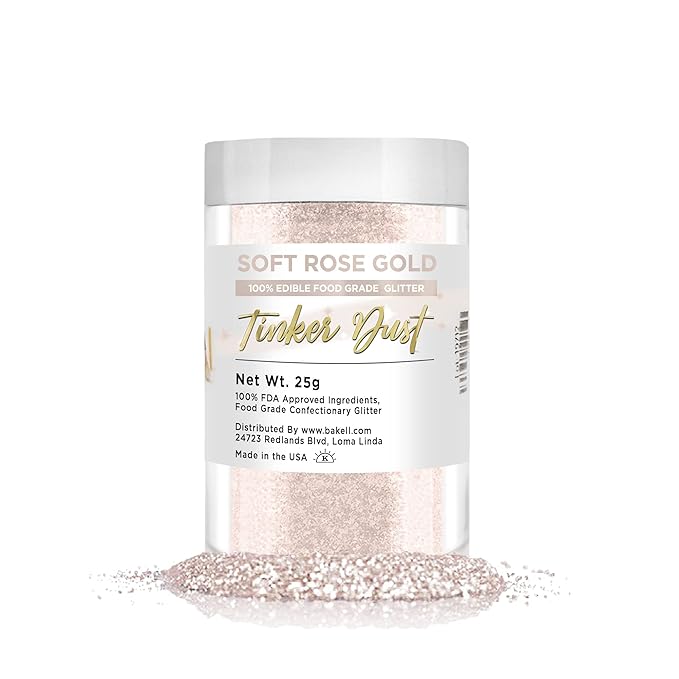 BAKELL Soft Rose Gold Edible Glitter, 25 Grams | TINKER DUST Edible Glitter | KOSHER Certified | 100% Edible Glitter | Cakes, Cupcakes, Cake Pops, Drinks, Dessert Vegan Glitter & Dusts (25g, Soft Rose Gold)