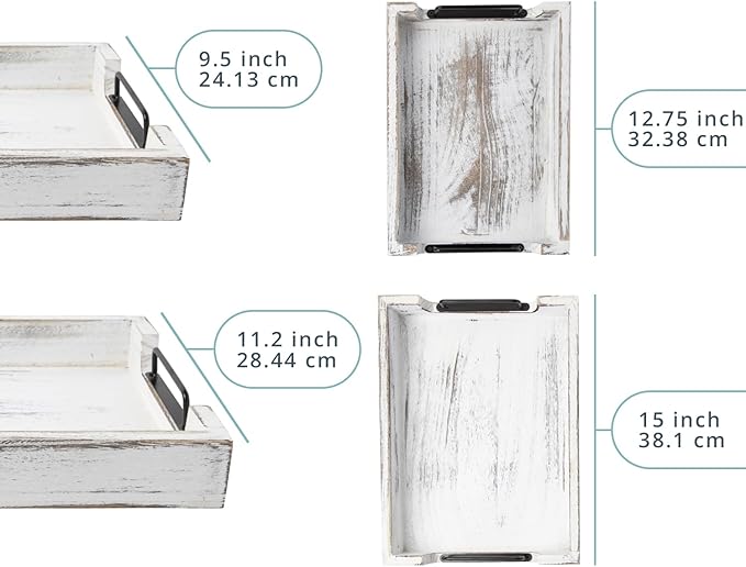 Rustic Wooden Serving Trays with Handle - Set of 2 - Large and Small Nesting Multipurpose Trays - for Breakfast, Coffee Table/Butler & More - Rustic White