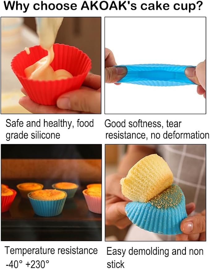 AKOAK Reusable Silicone Non-stick Baking Cups, Cake Molds, Kitchen Baking Cooking Accessories, DIY Cake Making Tools - Pack of 10 (Red)