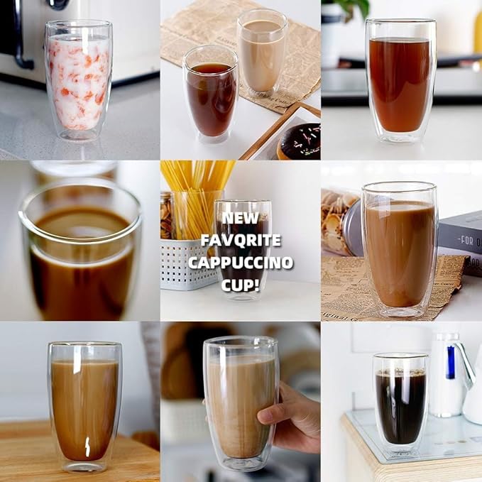 17oz Double Wall Glass Coffee Mugs Set of 2, Insulated Coffee Mug, Clear Borosilicate Glass Coffee Cups for Cappuccino, Tea, Lightweight and Microwave Safe