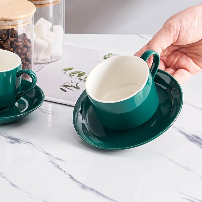 YOLIFE 8oz Porcelain Stackable Cappuccino Cups with Saucers and Metal Stand Set of 4, Coffee cups for Espresso, Specialty Coffee Drinks, Latte, Americano and Tea - Green