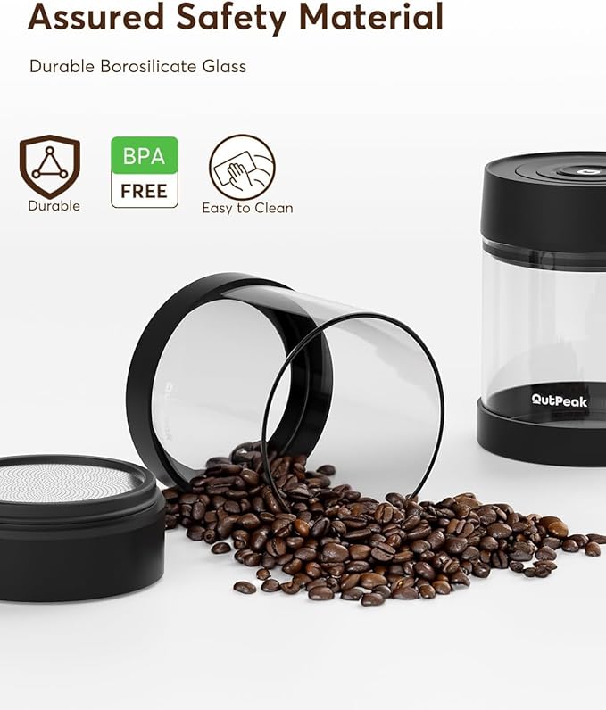 OUTPEAK Neo 2025 Auto Vacuum Coffee Canister, 0.75L for 8.8oz Coffee Beans, One-Button Operation, Small Airtight Coffee Canister with Scoop, Coffee Storage Container Clear Glass (Champion's Choice)