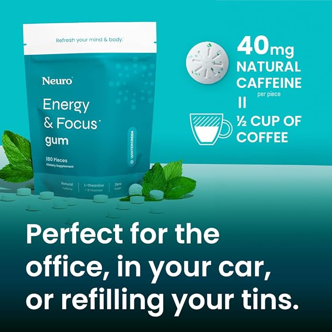 Neuro Energy & Focus Gum - 40mg Natural Caffeine Gum & Nootropic Energy Supplement with L-Theanine & B Vitamins - Sugar Free, Vegan - Wintergreen, 90ct