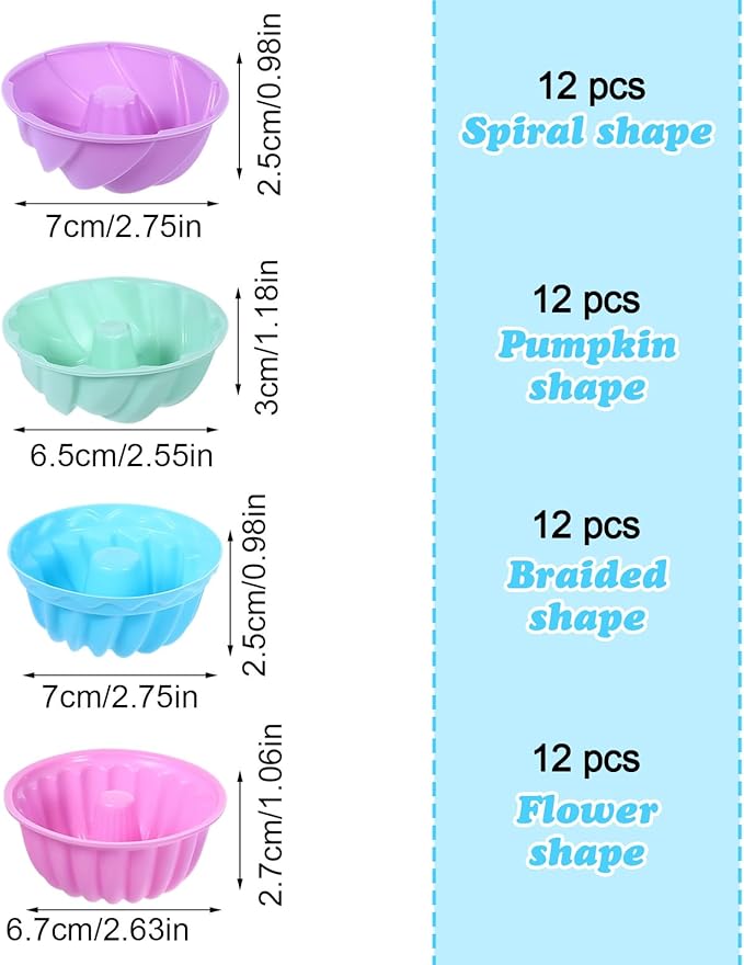 48Pcs Silicone Baking Cups, Non-stick 4 Shape Baking Molds, Heat Resistant and Resuable Mini Silicone Muffin Cups for Muffins, Jelly and Cake Baking