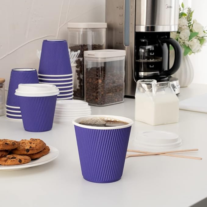 Restaurantware 8 Ounce Double Wall Disposable Coffee Cups, 500 Insulated Royal Purple Paper Tumblers with Ripple Wall Design, Lids Sold Separately for Hot Drinks like Tea, Hot Chocolate, and More