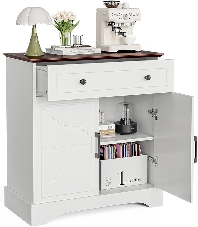 Buffet Cabinet with Storage, Coffee Bar with Drawer & Adjustable Shelf, Modern Sideboard for Kitchen, Dining Room, Living Room, White