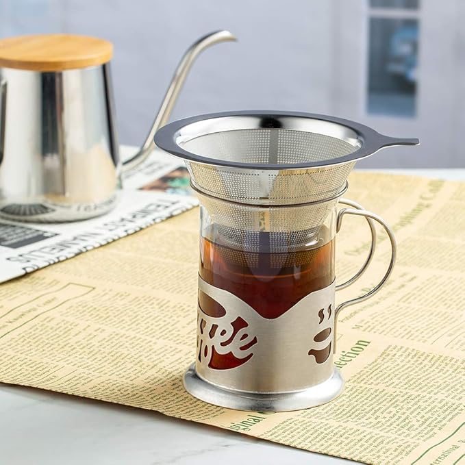 Upgraded Pour Over Coffee Filter, Coffee Dripper, Paperless Mess Stainless Steel Coffee Filter, Maker One to Two Cup Coffee, Easy to Use and Clean (2-4Cups)