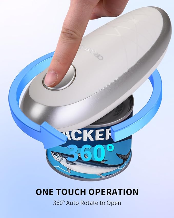CIRCLE JOY Electric Can Opener, One-Touch Automatic Can Opening with Smooth Edges, Food Safety Handheld Battery-Operated Can Opener for Kitchen and Seniors,Silver