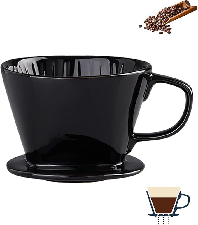 Pour Over Coffee Maker, Single Cup Coffee Dripper, Manual Porcelain Slow Brewing Accessories for Travel, Camping, Office, Home, Cafe, Coffee Gifts (Black, Medium)
