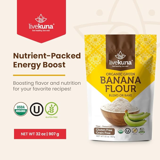 LiveKuna Organic Banana Flour - Gluten Free All Purpose Flour Alternative For Baking & Cooking Recipes - Grain Free Vegan Banana Flour, Rich In Fiber & Vitamins for Keto & Paleo Diets, 32oz Bag