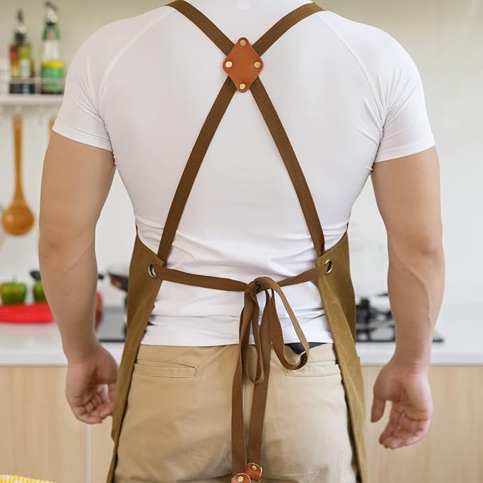 Canvas Aprons for Men Chef Apron, Work Apron with Large Pockets - 16oz Heavy Duty Cross Back, BBQ, Cooking