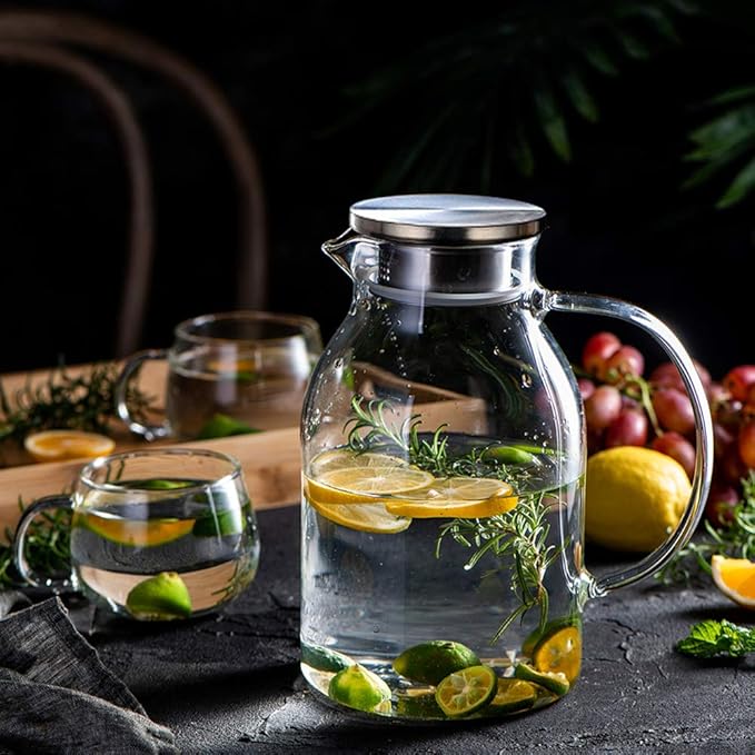 68oz Glass Pitcher with Lid and Handle - High Heat Resistance Glass Water Pitcher for Hot/Cold Water & Iced Tea (2.0L)