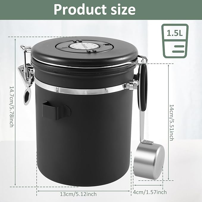 4PCS Coffee Storage Canister 1.5L Double Airtight Coffee Beans Container with Date Locator 304 Stainless Steel Kitchen Food Storage Container with Spoon for Tea Sugar,Black