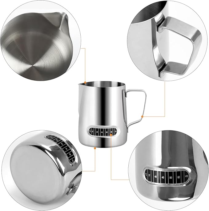 Milk Frothing Pitcher 20 oz, 2Pcs Milk Frother Cup with Thermometer Stainless Steel Milk Steamer Frother Temp Control Milk Jug Latte Milk Frother Thermometer Coffee Shop Accessories