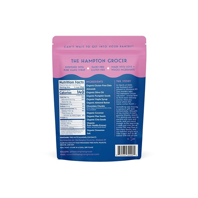 The Hampton Grocer Almond Butter & Chocolate Chunk Granola, 3 pack - Gluten-Free, Dairy-Free, Organic Oats & Pumpkin Seeds, Sweetened with Maple Syrup - Low Sugar, Crunchy, Small-Batch, 8oz