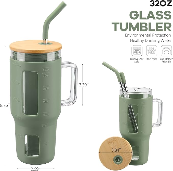 Kodrine Glass Tumbler with Straw and Lid-32oz Glass Tumbler with Handle and Bamboo Lid, Iced Coffee Cup For Smoothie, Water Cups with Time Marker Fits in Cup Holder, Olive