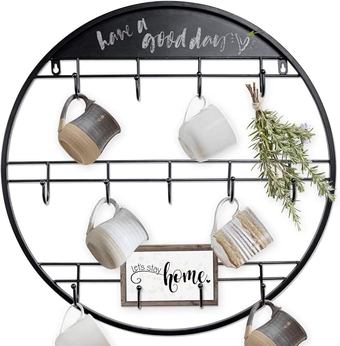 AJART Coffee Bar Decor Mug Holder: 22" Round Square Coffee Cup Rack for Home Kitchen Office Dining Room Cafe Bar