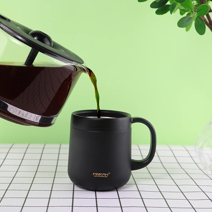 11OZ 330ML Stainless Steel Insulated Coffee Mug with Handle, Double Wall Stainless Steel Tumbler Cup with 2 Lids, Black