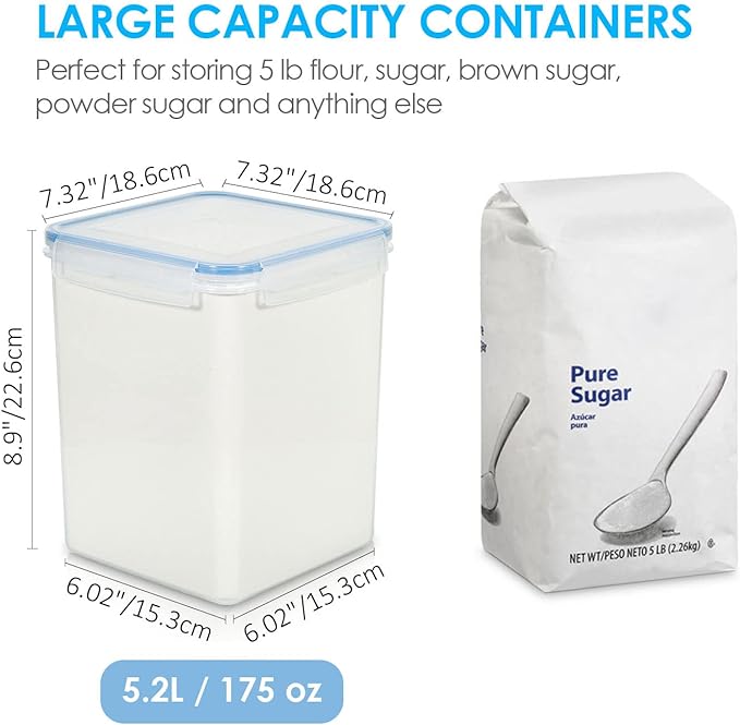 Vtopmart Large Food Storage Containers 5.2L / 175oz, 4 Pieces BPA Free Plastic Airtight Canisters for Flour, Sugar, Baking Supplies, Rice with Lids, 4 Measuring Cups and 24 Labels, Blue