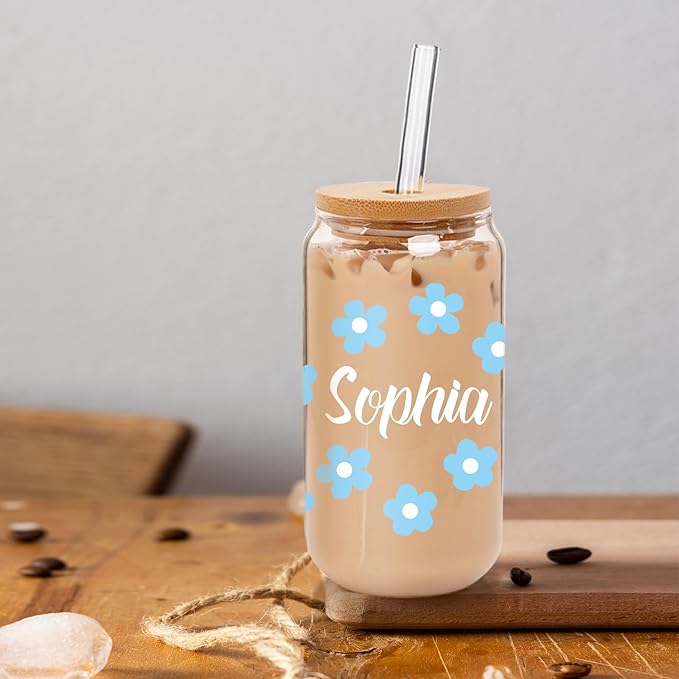 Personalized Glass Cup with Names-Custom Cup Can Shaped Glass with Lids and Straws18OZ Iced Coffee Cups-Gifts for Mothers Day Women Friend (Flower-name)