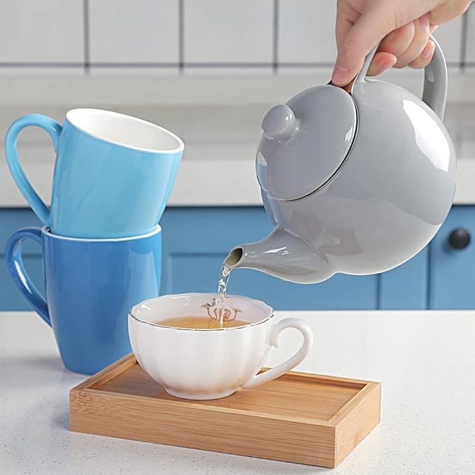 Sweejar Porcelain Teapot with Removable Stainless Steel Infuser,Microwave & Dishwasher Safe Tea Pots for Loose Tea,Tea Infuser Pots for Chrismas Women Gift (30oz Gray)