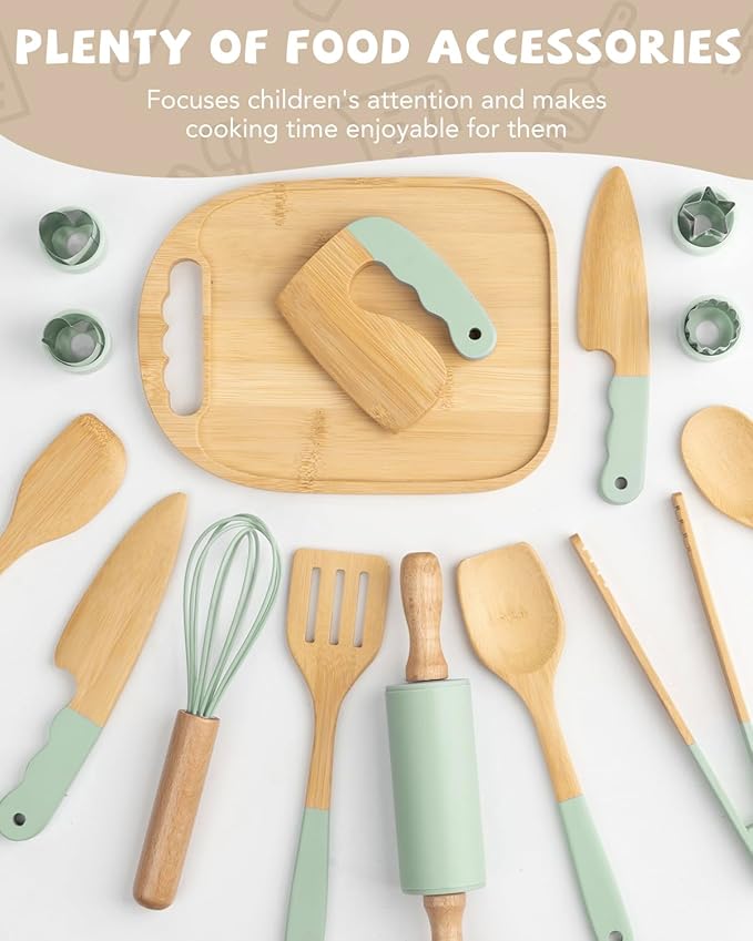 Wooden Kids Cooking Set Montessori Kit - Real Toddler Kitchen Tools & Baking Utensils - 15PCS Cooking Kit for Kids with Storage Bag, Great Gift for Pretend Play & Montessori Learning (Green)