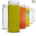 All About Juicing Clear Glass Water Bottles Set - 6 Pack Wide Mouth with Lids for Juice, Smoothies, Beverage Storage - 16 oz, Durable, Reusable, Dishwasher Safe, Leak Proof (White Caps)