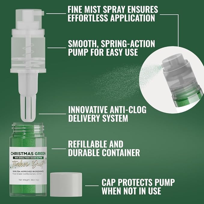 Bakell - Christmas Green Tinker Dust (4g, 1x Mini Spray Pump) Edible Glitter for Food, Desserts, and Beverages!