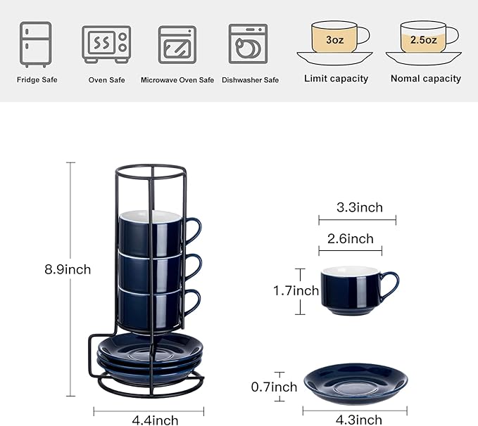 YOLIFE 2.5oz Porcelain Stackable Espresso Cups with Saucers and Metal Stand Set of 4, Stackable Cappuccino Cups, Blue Expresso Shots Cup Set for Coffee Drinks, Latte, Tea