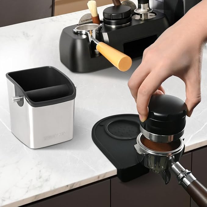 Coffee Knock Box Espresso Accessories - Home Use Small Coffee Grounds Puck Knock Box Stainless Steel with Tamping Mat for Espresso Machine