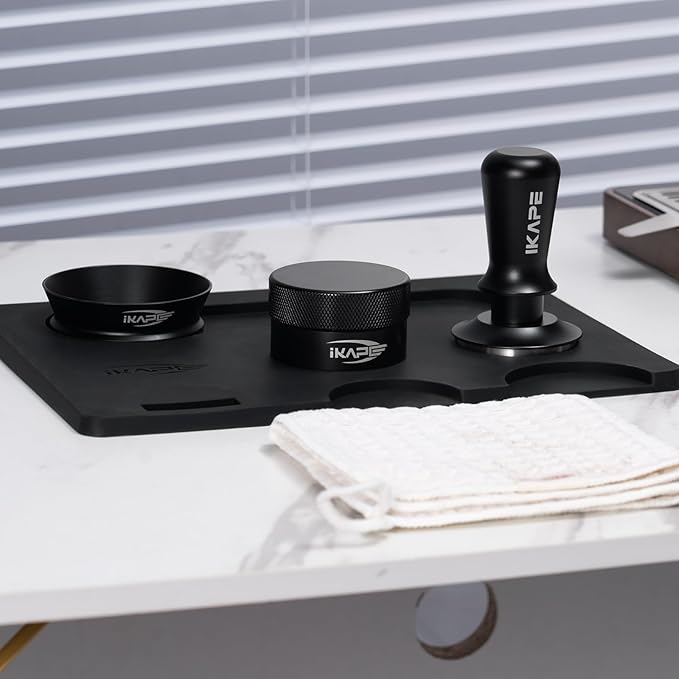IKAPE 51MM Espresso Tamper Kit Black 6 IN 1, Espresso Accessories Kit Featuring Coffee Tamper, Distributor, Magnetic Dosing Funnel, Silicone Mat, Puck Screen, Cleaning Towel