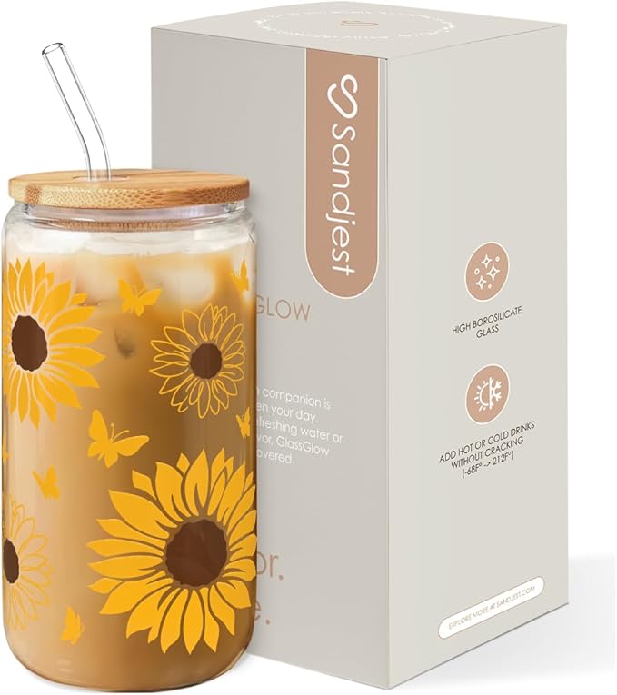 Sunflower Gifts for Women - Sunflower Cup 16 Oz Can Glass Coffee Cups with Bamboo Lid and Straw - Gift for Birthday