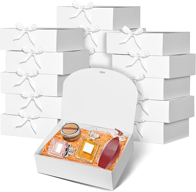 12Pack White Gift Boxes with Lids, 12×9.8×3.1 Inch Gift Box with Ribbon, Elegant Bridesmaid Proposal Box for Wedding, Birthday, Party, Christmas, Bridesmaid, Graduation
