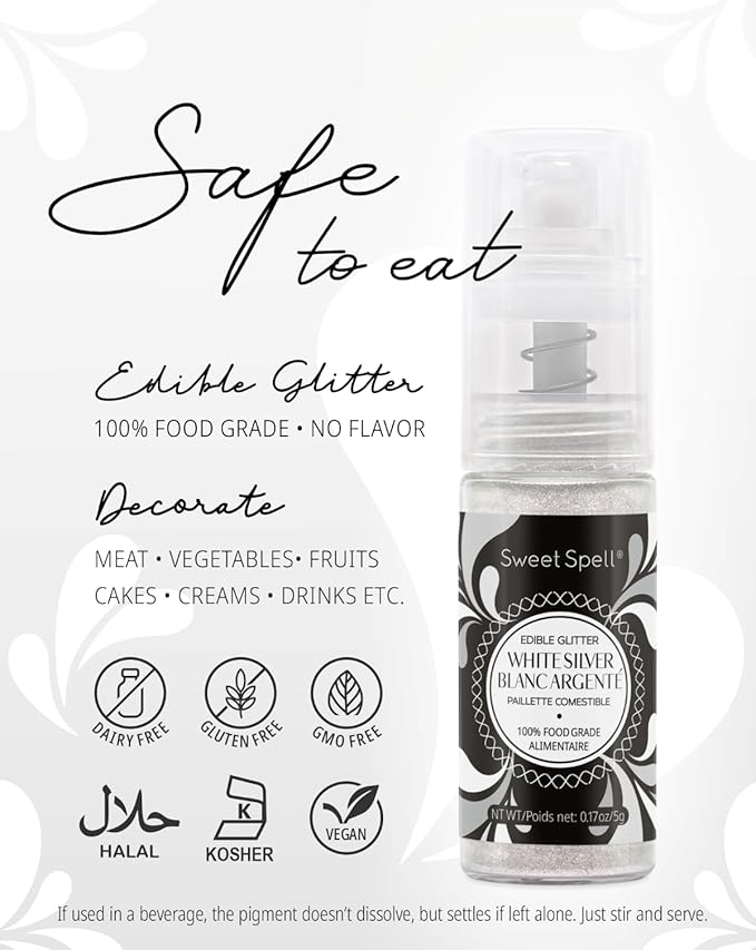 Sweet Spell Edible Cake Glitter Spray – Shimmering Magic for Cakes Decorating & Cocktails – 100% Edible, Food-Grade, Vegan, Gluten-Free (White Silver)