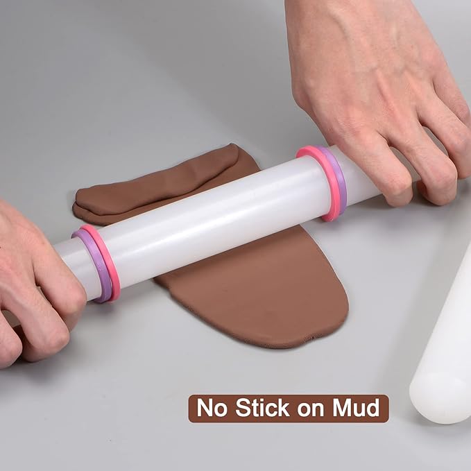 HARFINGTON 2pcs Fondant Rolling Pin with Rings PP 43cm x 3.5cm Non Stick for Baking, White