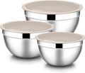 E-far Mixing Bowls with Lids, 6-Piece Stainless Steel Salad Bowls Metal Nesting Bowls for Baking Cooking and Prepping, Airtight Lids & Stackable Design, Size 4.5, 3, 1.5 QT (Khaki)
