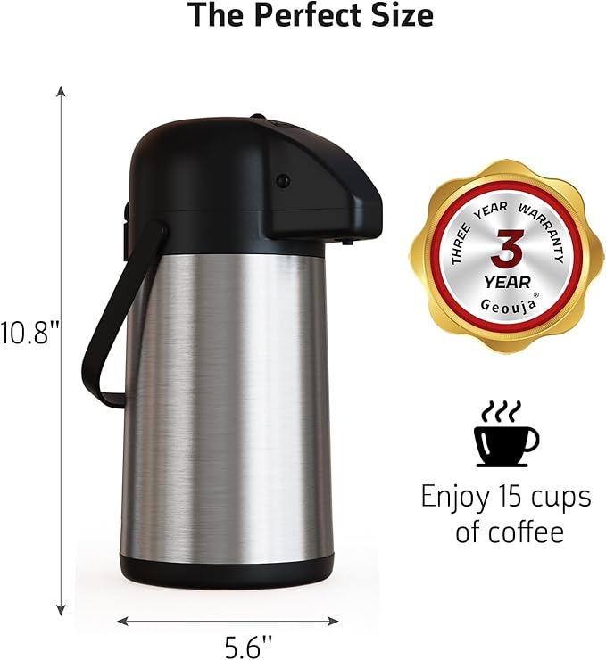 Airpot Coffee Carafe for Keeping Hot - 64 OZ / 1.9L Large Coffee Dispenser with Pump - Insulated Stainless Steel Thermos Urn for Hot Drinks Water Tea Chocolate - Thermal Beverage Dispenser for Parties