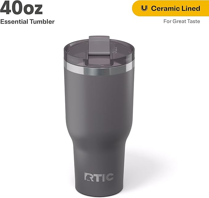 RTIC 40oz Essential Tumbler with Lid, Insulated, Stainless Steel, Metal, Double Wall Vacuum-Insulation, Ceramic Lined, Travel Cup for Iced Coffee, Tea, Hot and Cold Drink, Graphite