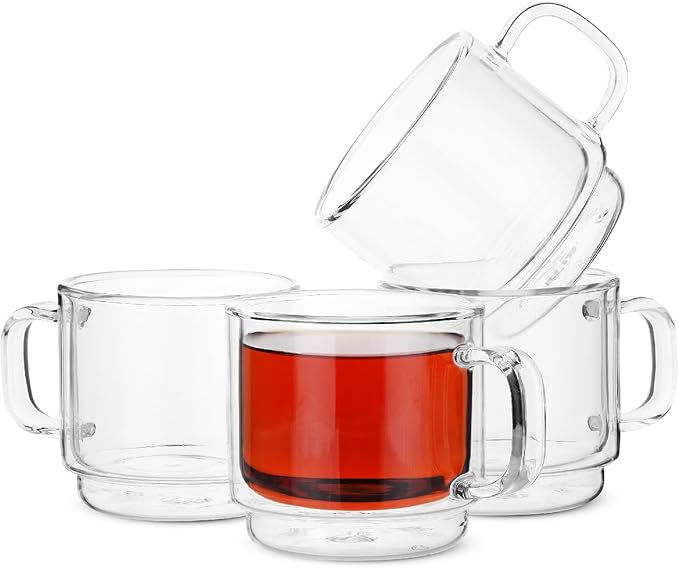 BTaT- Stackable Insulated Coffee Mugs, Glass Tea Mugs, Set of 4 (12 oz, 350 ml), Double Wall Glass Coffee Cups, Tea Cups, Latte Cups, Beer Glasses, Latte Mug