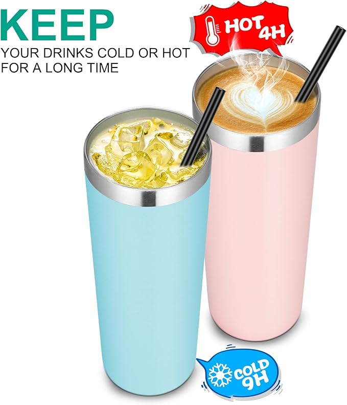 VEGOND Stainless Steel Skinny Tumbler, 20 oz Vacuum Insulated Tumbler with Lid and Straw, Double Wall Coffee Cup, Travel Mug for Cold Hot Drinks, Blue 1 Pack