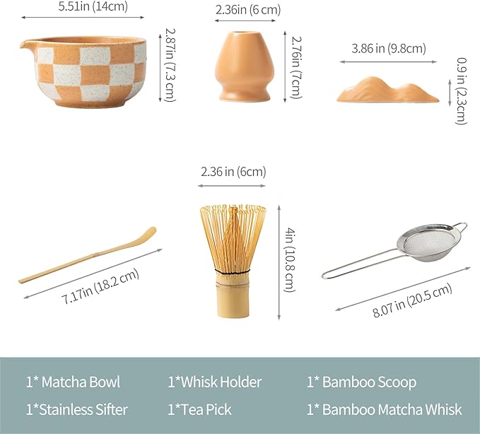 Premium 7-Piece Matcha Tea Set – Traditional Japanese Style with Elegant Grid Pattern, Includes Bamboo Whisk, Ceramic Bowl, Scoop & More – Perfect for Matcha Lovers & Tea Ceremony (Orange grid)