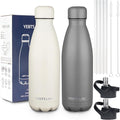 Insulated Water Bottle, 2 Pack-12oz Stainless Steel Water Bottles with straw lid, Metal Sports Water Bottles for Boys,Girls, Double Wall Vacuum BPA-Free Flask for Sports (Grey&Cream white)